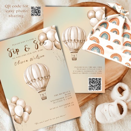Boho Beige Sip and See Invitation with QR Code 