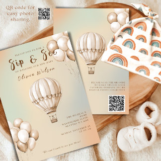 Boho Beige Sip en See Uitnodiging met QR-code
