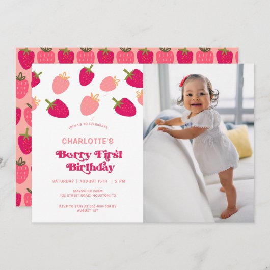 Boho Berry First Birthday Photo Invitation (Devant / Derrière)