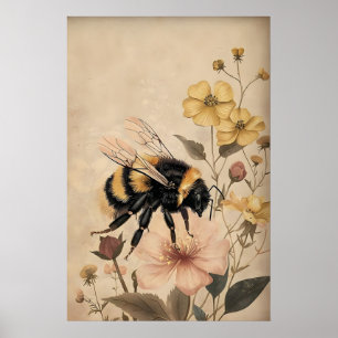 Boho Bij In Geel Bloemmotief, Botanische Muur Poster