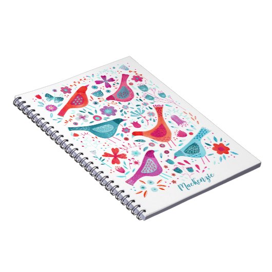 Boho Birds and Flowers Waterverf Custom Name Notitieboek (Rechterzijde)