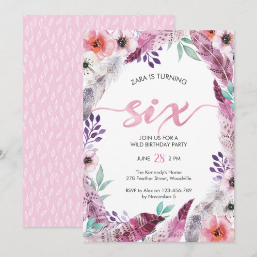 Boho Birthday party Invitation | Zesde verjaardag Kaart (Voorkant / Achterkant)