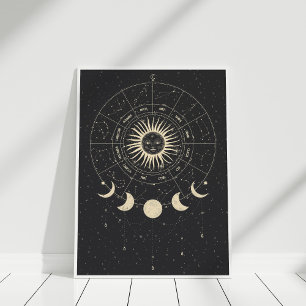 Boho Black en Beige Zodiac Moon Phases Poster