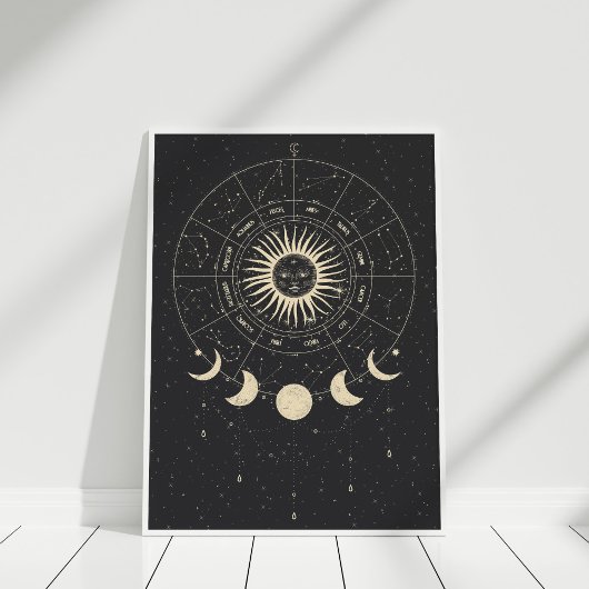 Boho Black en Beige Zodiac Moon Phases Poster