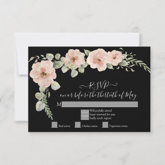 Boho Black Floral Blush Rose Rose RSVP Réponse (Devant)