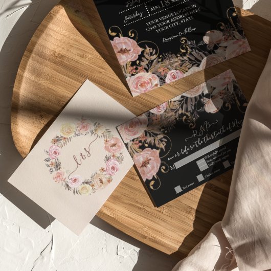 Boho Black Floral Rose Gold RSVP de réponse
