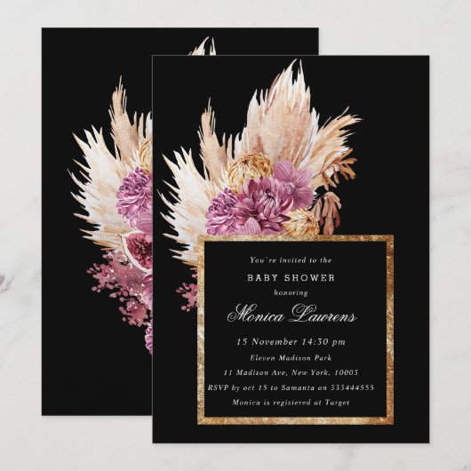 Boho Black, Gold Floral Invitation de douche nupti (Devant / Derrière)