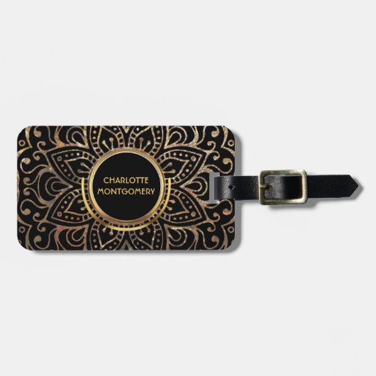 Boho Black Gold Foil Mandala | Monogrammed Girly Bagagelabel (Voorkant horizontaal)