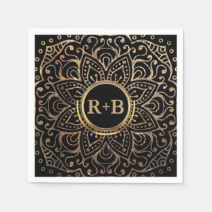 Boho Black Gold Folie Mandala Huwelijksmonogram Servetten