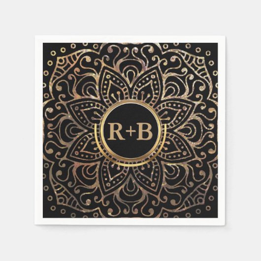 Boho Black Gold Folie Mandala Huwelijksmonogram Servetten (Voorkant)