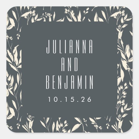 Boho Black Hand Drawn Floral Wedding Custom Vierkante Sticker (Voorkant)
