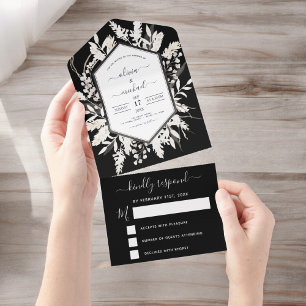 Boho Black White Beige Botanical Wedding All In One Uitnodiging