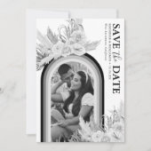 Boho Black White Floral Photo Save the Date (Voorkant)