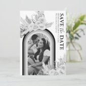 Boho Black White Floral Photo Save the Date (Staand voorkant)