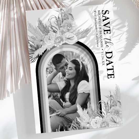 Boho Black White Floral Photo Save the Date