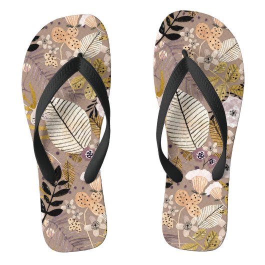 Boho Black White Gold Peach line Drawn Leaf Floral Teenslippers (Voetbed)