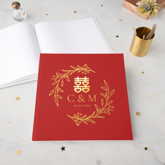 Boho blad krans dubbel geluk Chinese bruiloft Gastenboek (Voorkant open)
