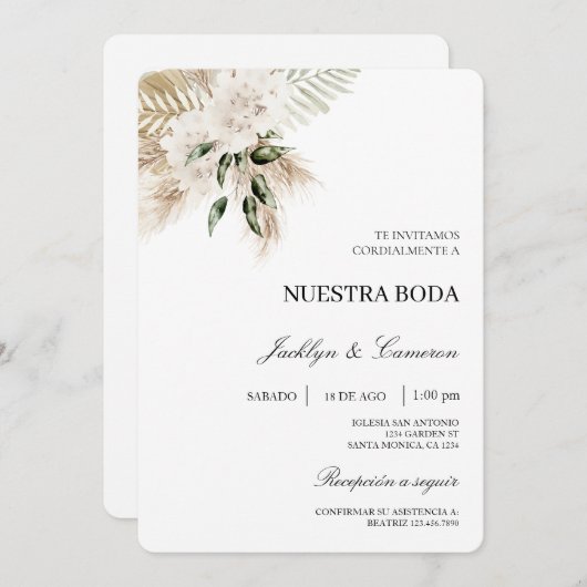 Boho blanc Faire-part de mariage espagnol (Devant / Derrière)