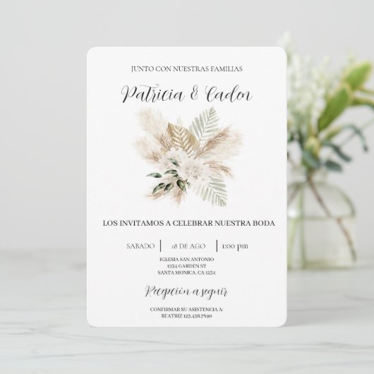 Boho blanc Floral Faire-part de mariage espagnol (Debout devant)