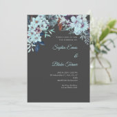 Boho Blauw Bloemen Winter Schaduw Grijs Bruiloft Kaart (Staand voorkant)