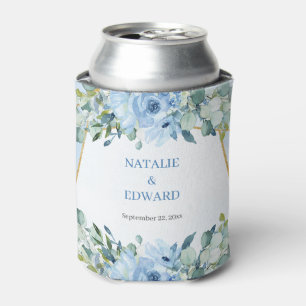 Boho blauw bloemeneucalyptus en goud lijst blikjeskoeler