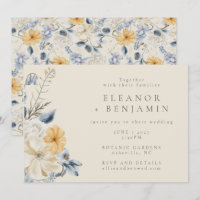Boho Blauw Geel Bloemen Waterverf Patroon Bruiloft