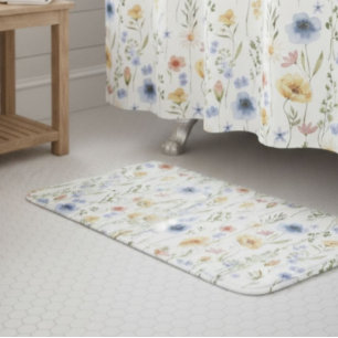 Boho Blauw Geel Roze Wilde Bloem Waterverf Badmat