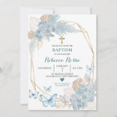 Boho Blauw Goud Bloemen Vlinder Geometrisch Doopse Kaart (Voorkant)