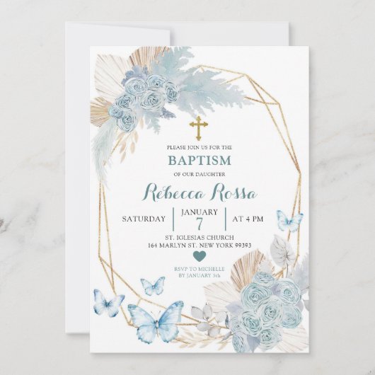 Boho Blauw Goud Bloemen Vlinder Geometrisch Doopse Kaart (Voorkant)