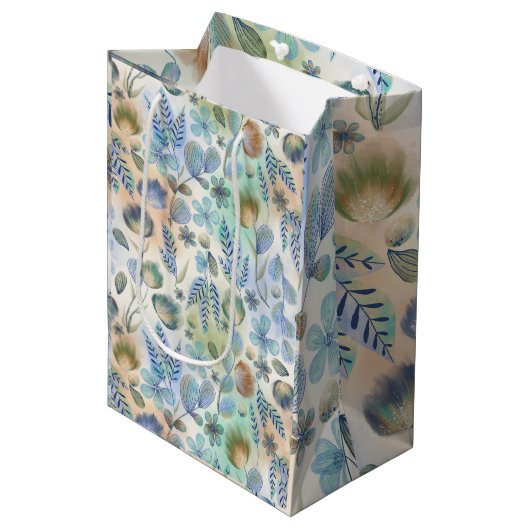 Boho Blauw Groen Fantasievol Bloemmotief Botanisch Medium Cadeauzakje (Voorkant Gekanteld)