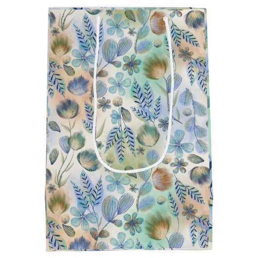 Boho Blauw Groen Fantasievol Bloemmotief Botanisch Medium Cadeauzakje (Achterkant)