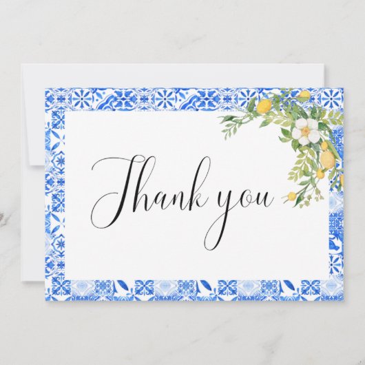 Boho blauw tegel citroen Vrijgezellenfeest Dank u  Aankondiging (Voorkant)