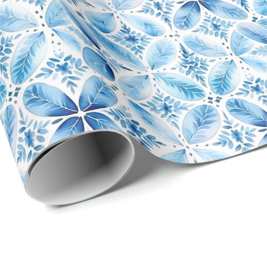 Boho Blauw Wit Bloemen Abstract Cadeaupapier (Rol Hoek)