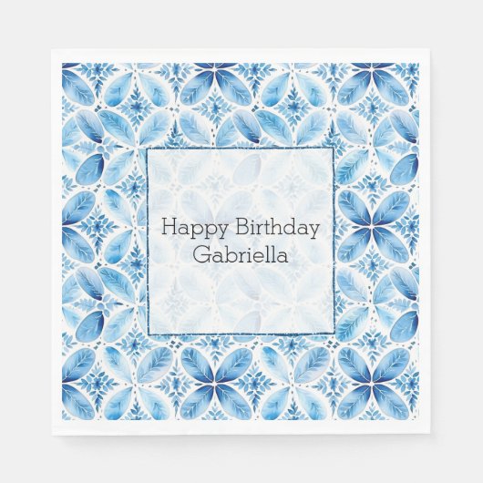 Boho Blauw Wit Bloemen Abstract Servet (Voorkant)