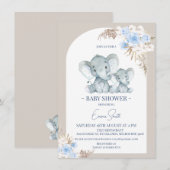 Boho Blauwe Bloemboog Olifant Baby Shower Kaart (Voorkant / Achterkant)