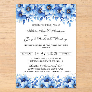 Boho Blauwe Bloemen Elegante Trouw Uitnodiging Acryl Uitnodigingen