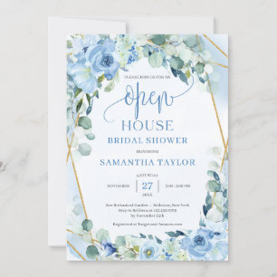 Boho blauwe bloemen eucalyptus goud Open Huis Kaart