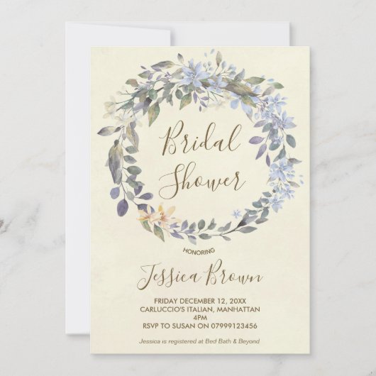Boho Blauwe Bloemenkrans Bruids Douche Uitnodiging (Voorkant)