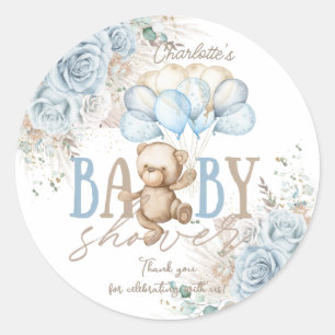 Boho Blauwe Bloemige Pampas Teddybeer Jongens Baby Ronde Sticker