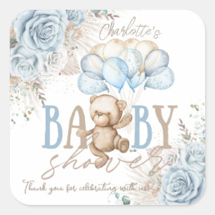 Boho Blauwe Bloemige Pampas Teddybeer Jongens Baby Vierkante Sticker