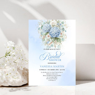 Boho Blauwe Hortensia Bruiloftsfeest Gouden Uitnod Kaart