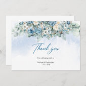 Boho blauwe hortensia en witte rozen eucalyptus bedankkaart (Voorkant / Achterkant)