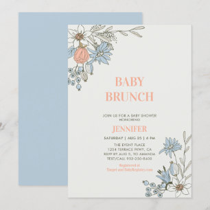 Boho Blauwe & Koraal Bloemachtige Baby Brunch Borr Kaart