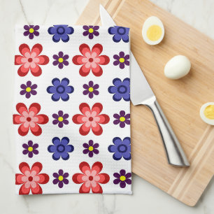 Boho Blauwe Paarse Rode Bloemen Keukenhanddoek