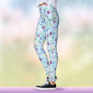 Boho Blauwe & Paarse Wilde Bloemen Watercolor Bloe Leggings