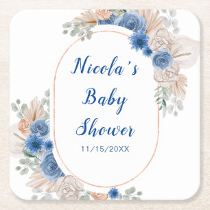 Boho Blauwe Pampagras Baby Shower Vierkante Kartonnen Onderzetter