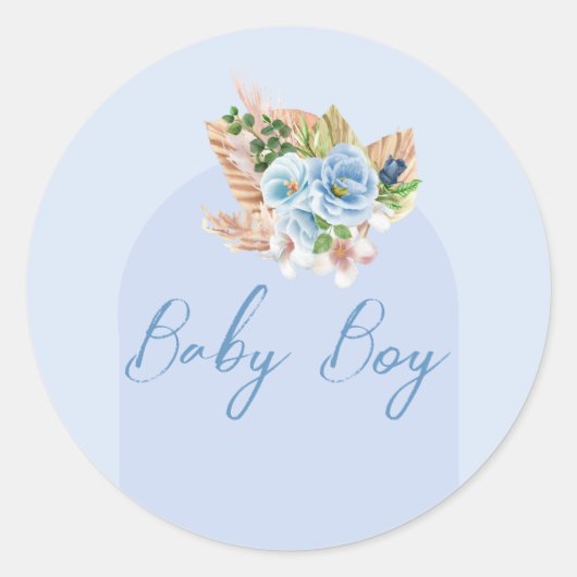 Boho Blauwe Pampasgras Bloemen Oh Boy Baby Shower Ronde Sticker (Voorkant)