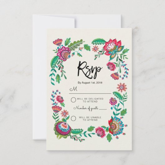 Boho Blauwe Streep Folk Bloemen | Rsvp Antwoord Tr (Voorkant)