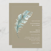 Boho Blauwgroen Blue Feather Minimal Sandy Beige Kaart (Voorkant / Achterkant)