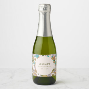 Boho Blauwgroen Bruin Bloemen Schattige Baby showe Sparkling Wijnetiket